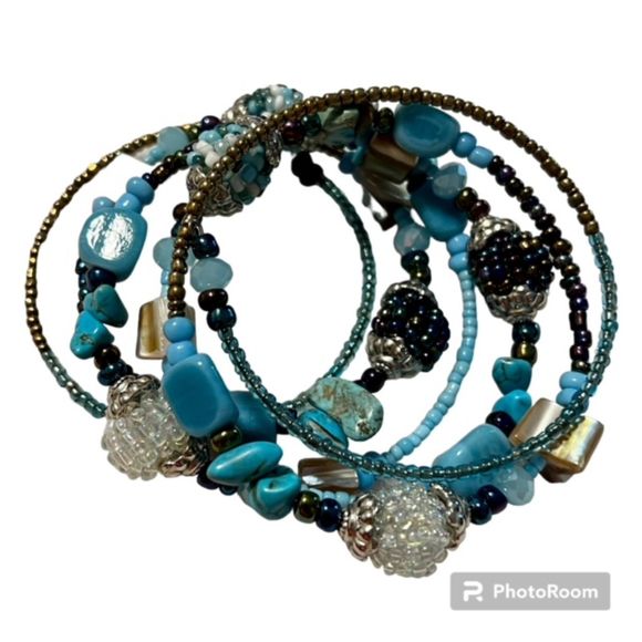 Jewelry - Faux Turquoise Silver Tone 5 Strand Wrap Bracelet Boho Bracelet